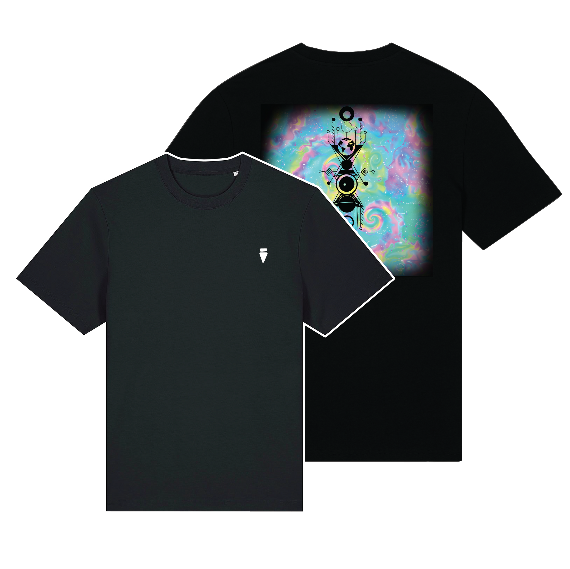 Black reflective t-shirt with multicolor Cosmic Carnival artwork on back with Black reflective solar detail + glow in the dark embroidery on the front , part of Vybz X THC collab