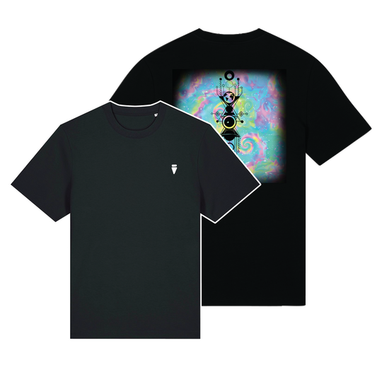 Black reflective t-shirt with multicolor Cosmic Carnival artwork on back with Black reflective solar detail + glow in the dark embroidery on the front , part of Vybz X THC collab