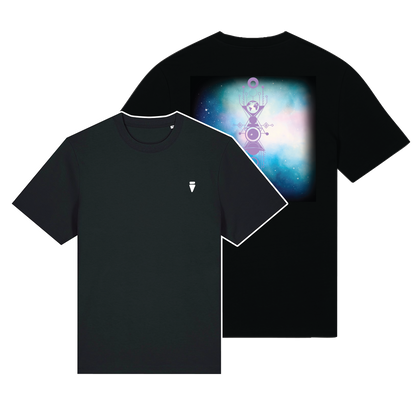 Black reflective t-shirt with multicolor Celestial Serenity artwork on back with Lavender reflective solar detail + glow in the dark embroidery on the front , part of Vybz X THC collab