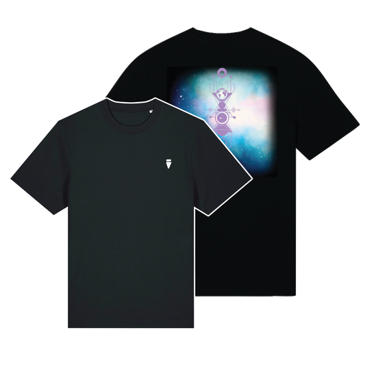 Black reflective t-shirt with multicolor Celestial Serenity artwork on back with Lavender reflective solar detail + glow in the dark embroidery on the front , part of Vybz X THC collab