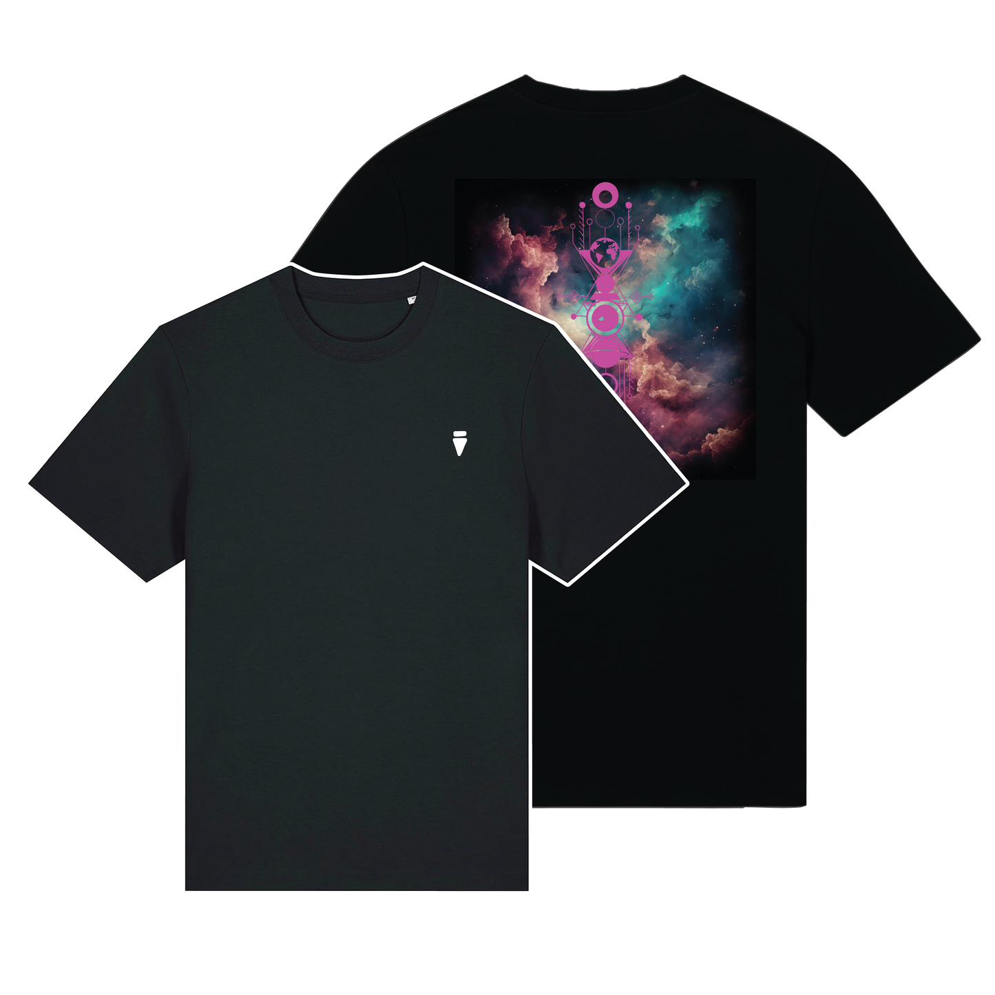 Black reflective t-shirt with multicolor Nebula Pulse artwork on back with Magenta reflective solar detail + glow in the dark embroidery on the front , part of Vybz X THC collab