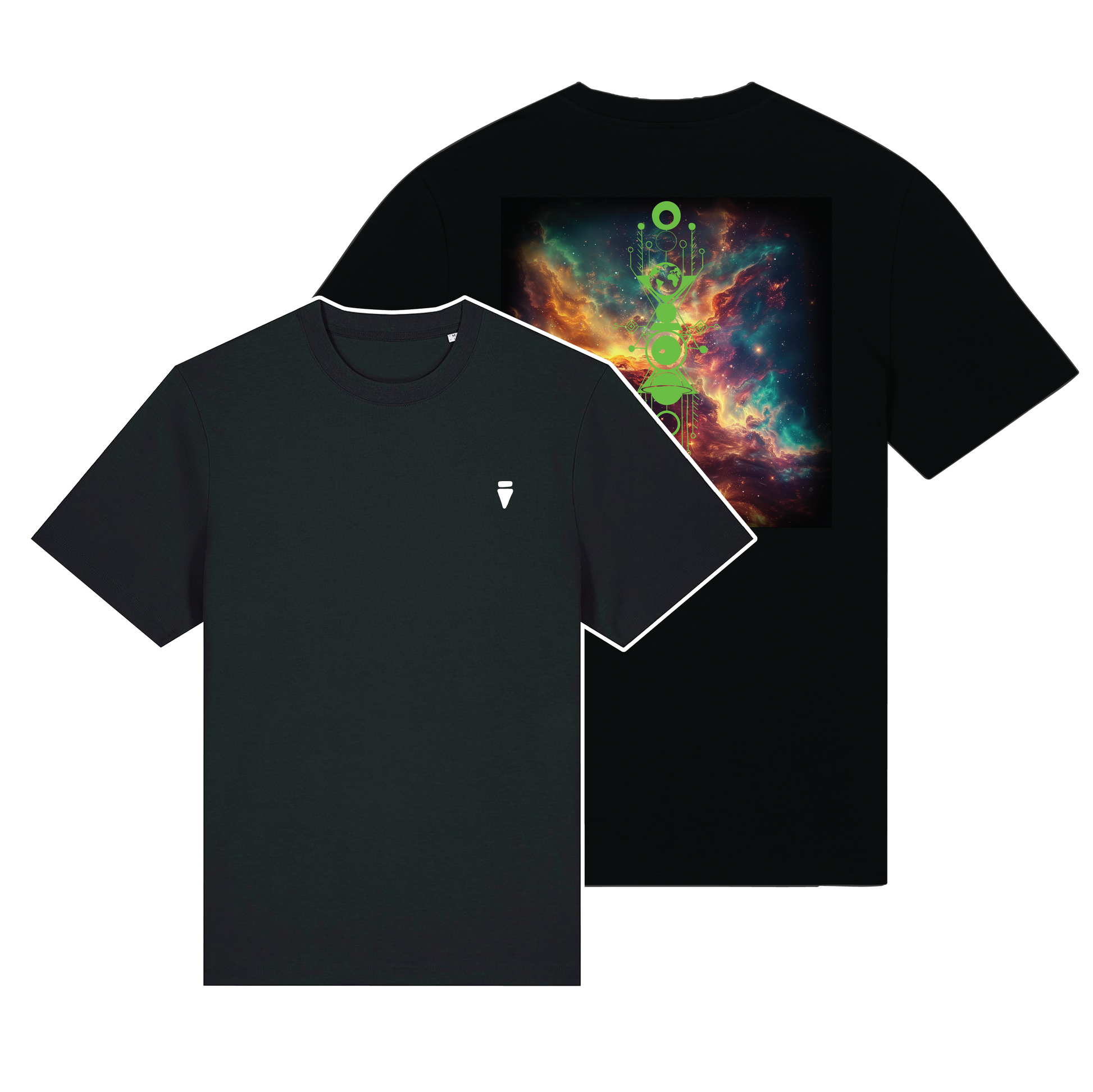 Black reflective t-shirt with multicolor Solar Bloom artwork on back with Lime reflective solar detail + glow in the dark embroidery on the front , part of Vybz X THC collab