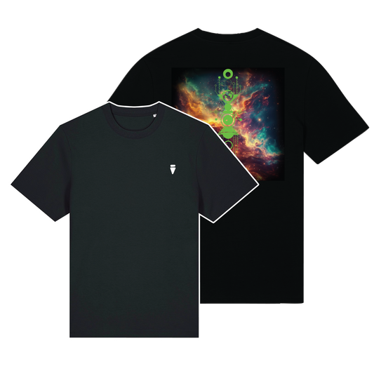 Black reflective t-shirt with multicolor Solar Bloom artwork on back with Lime reflective solar detail + glow in the dark embroidery on the front , part of Vybz X THC collab