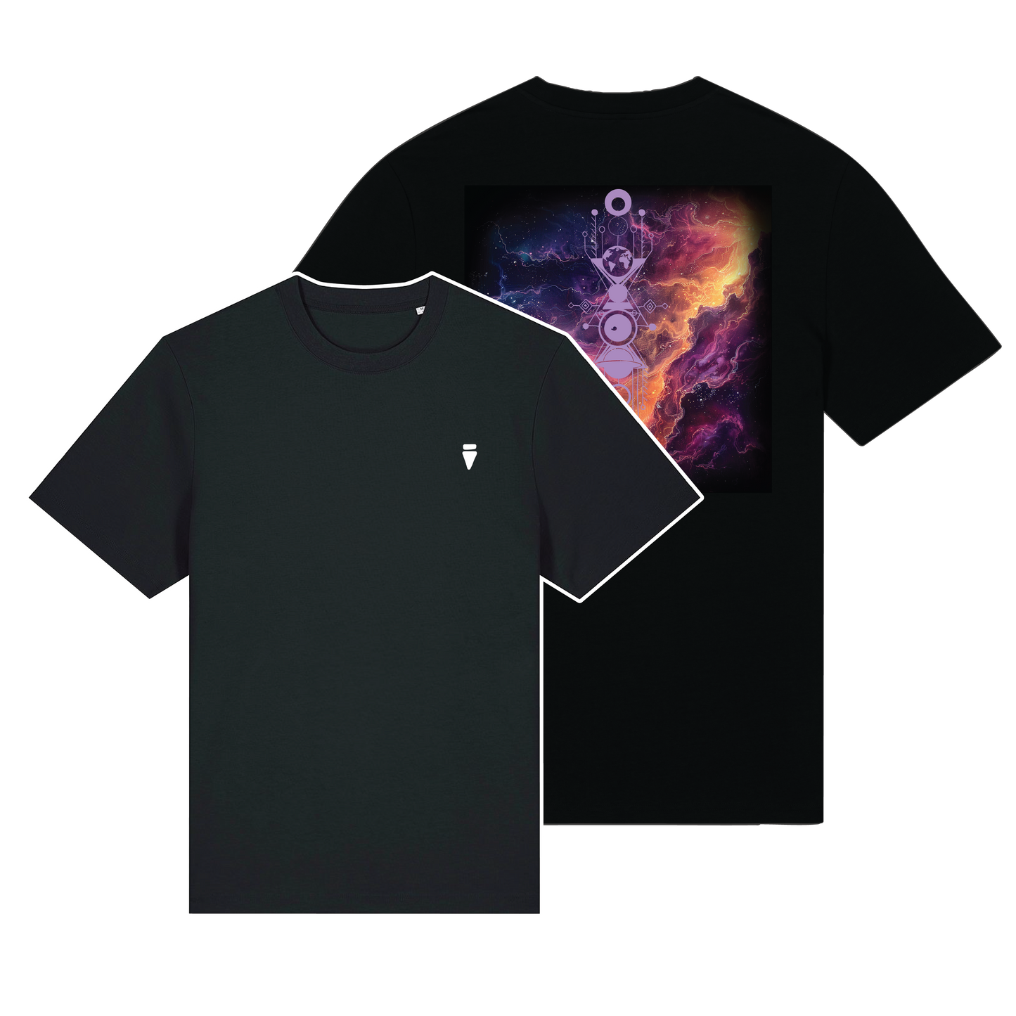 Black reflective t-shirt with multicolor Nebula Blaze artwork on back with Lavender reflective solar detail + glow in the dark embroidery on the front , part of Vybz X THC collab