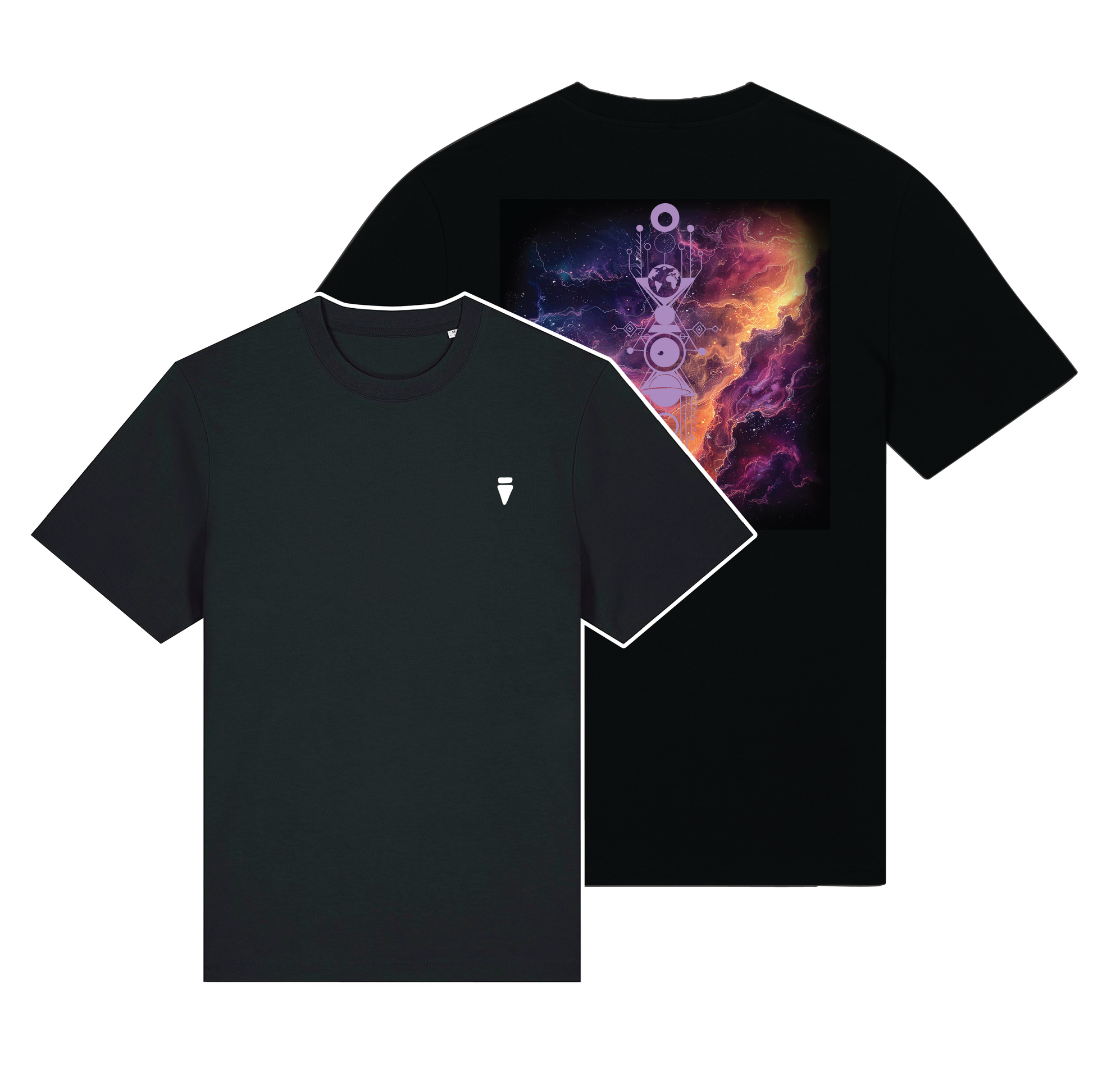 Black reflective t-shirt with multicolor Nebula Blaze artwork on back with Lavender reflective solar detail + glow in the dark embroidery on the front , part of Vybz X THC collab