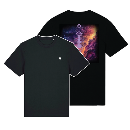 Black reflective t-shirt with multicolor Nebula Blaze artwork on back with Lavender reflective solar detail + glow in the dark embroidery on the front , part of Vybz X THC collab