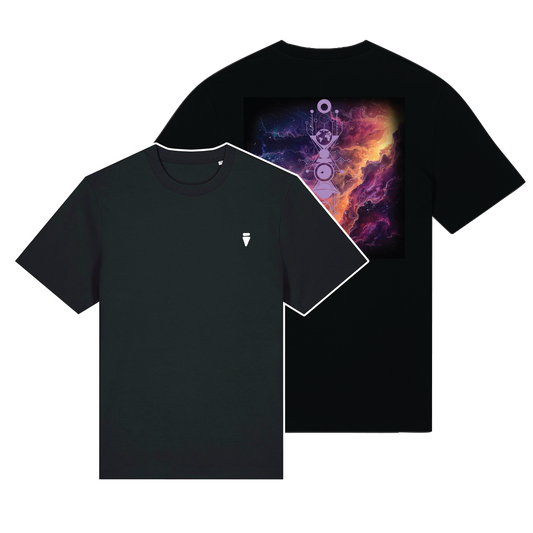 Black reflective t-shirt with multicolor Nebula Blaze artwork on back with Lavender reflective solar detail + glow in the dark embroidery on the front , part of Vybz X THC collab