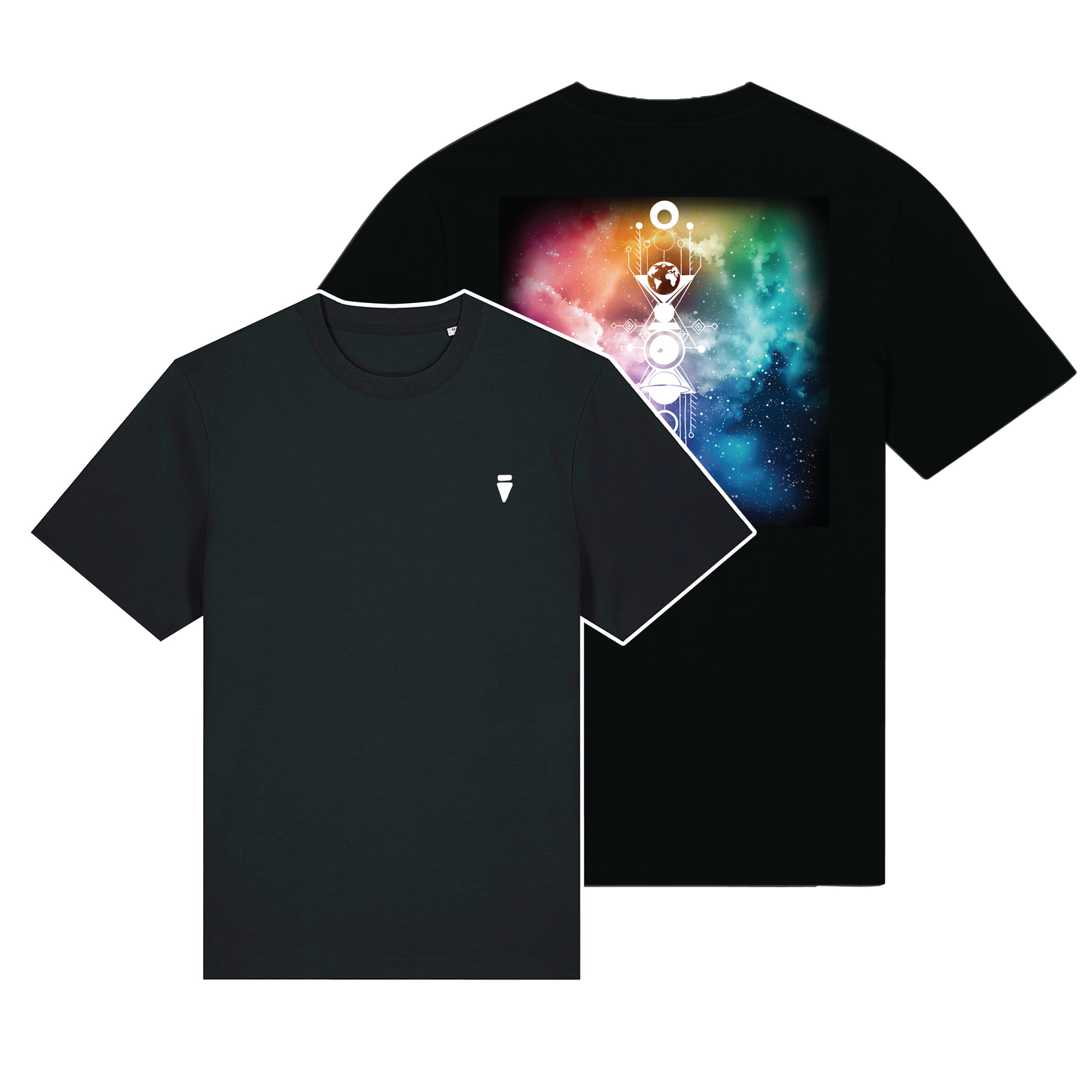Black reflective t-shirt with multicolor abstract prism artwork on back with white reflective solar detail + glow in the dark embroidery on the front , part of Vybz X THC collab