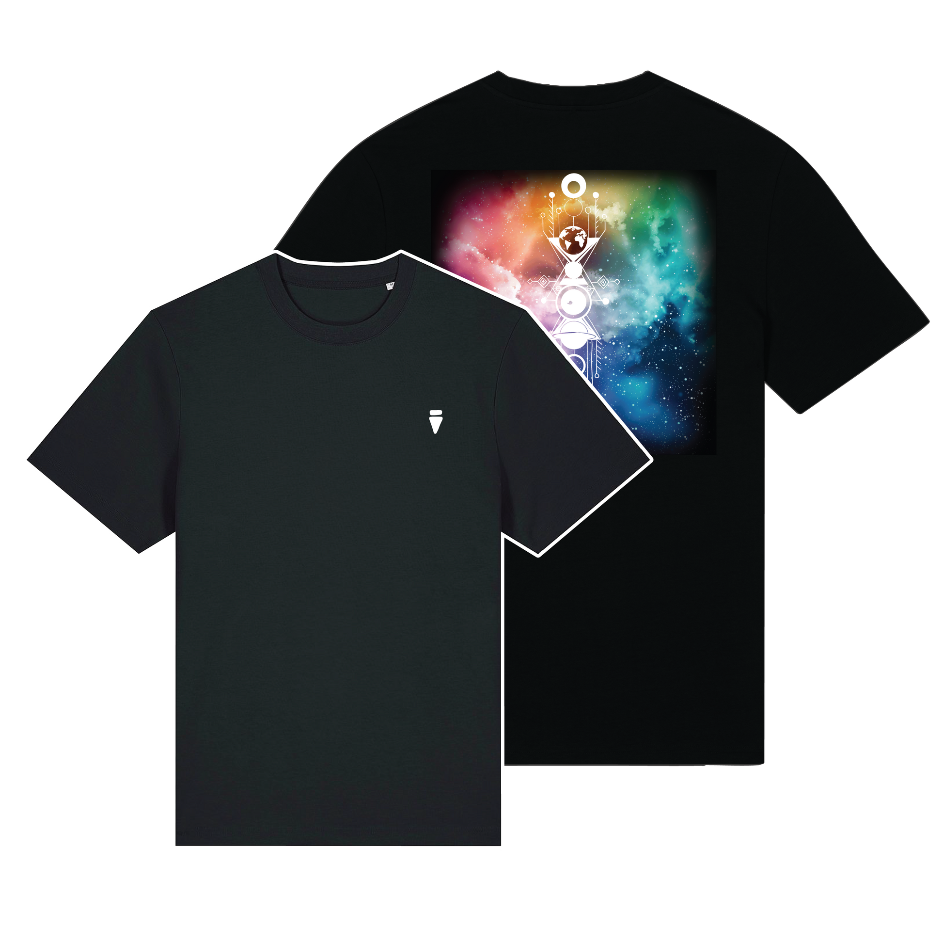 Black reflective t-shirt with multicolor abstract prism artwork on back with white reflective solar detail + glow in the dark embroidery on the front , part of Vybz X THC collab