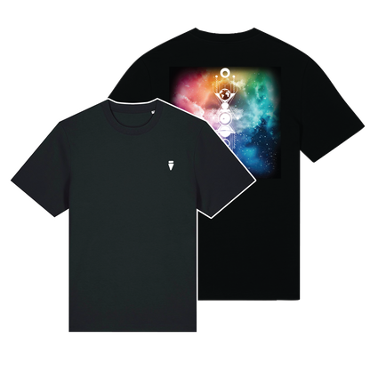 Black reflective t-shirt with multicolor abstract prism artwork on back with white reflective solar detail + glow in the dark embroidery on the front , part of Vybz X THC collab