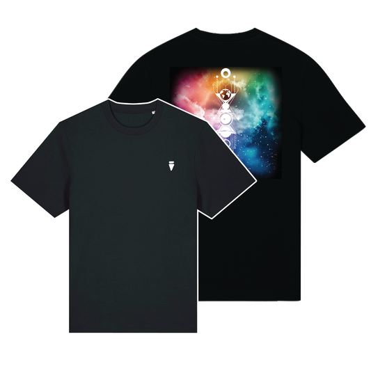 Black reflective t-shirt with multicolor abstract prism artwork on back with white reflective solar detail + glow in the dark embroidery on the front , part of Vybz X THC collab