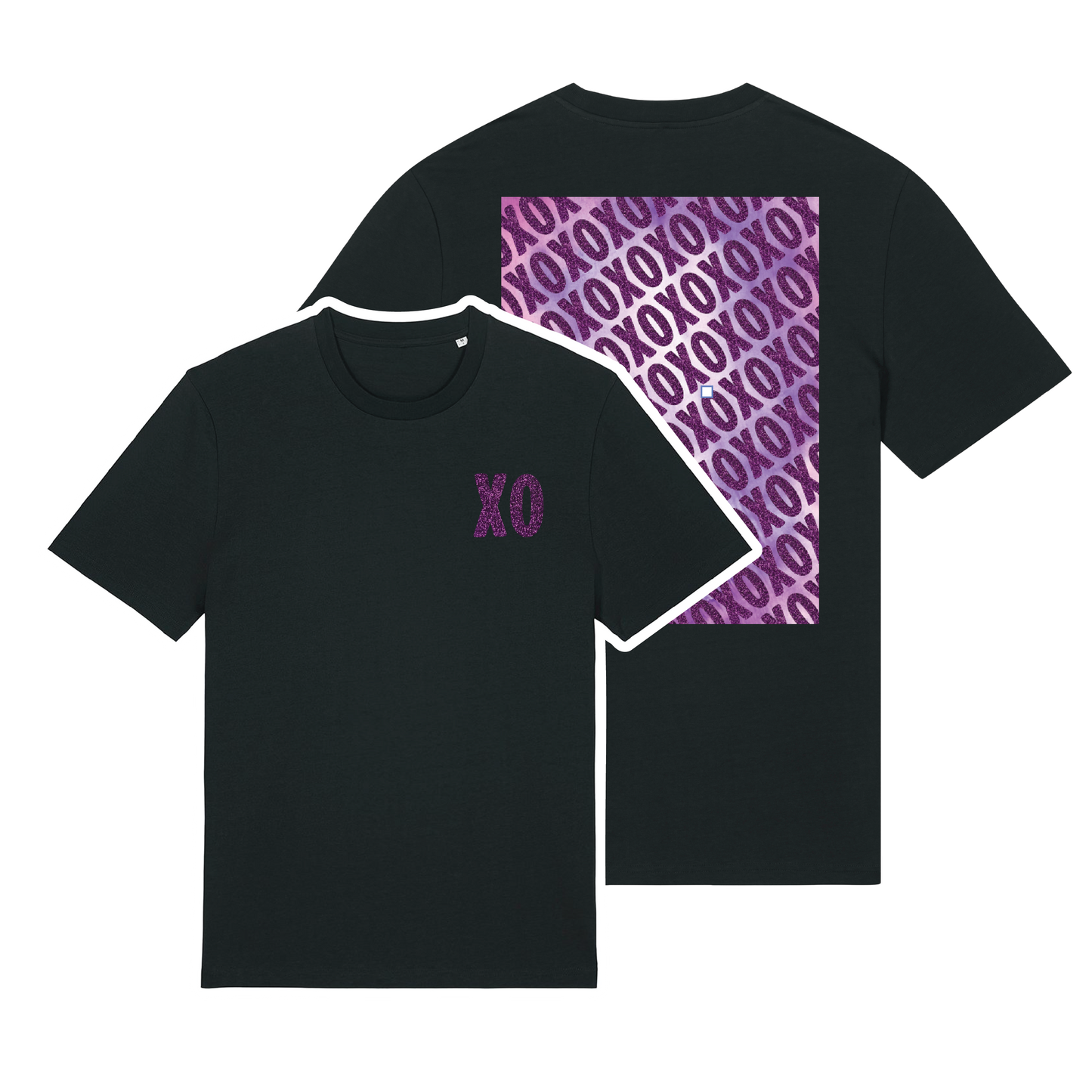 Black t-shirt with sparkly purple XO chest logo and matching geometric back print overlaid over a print, playful glitter finish