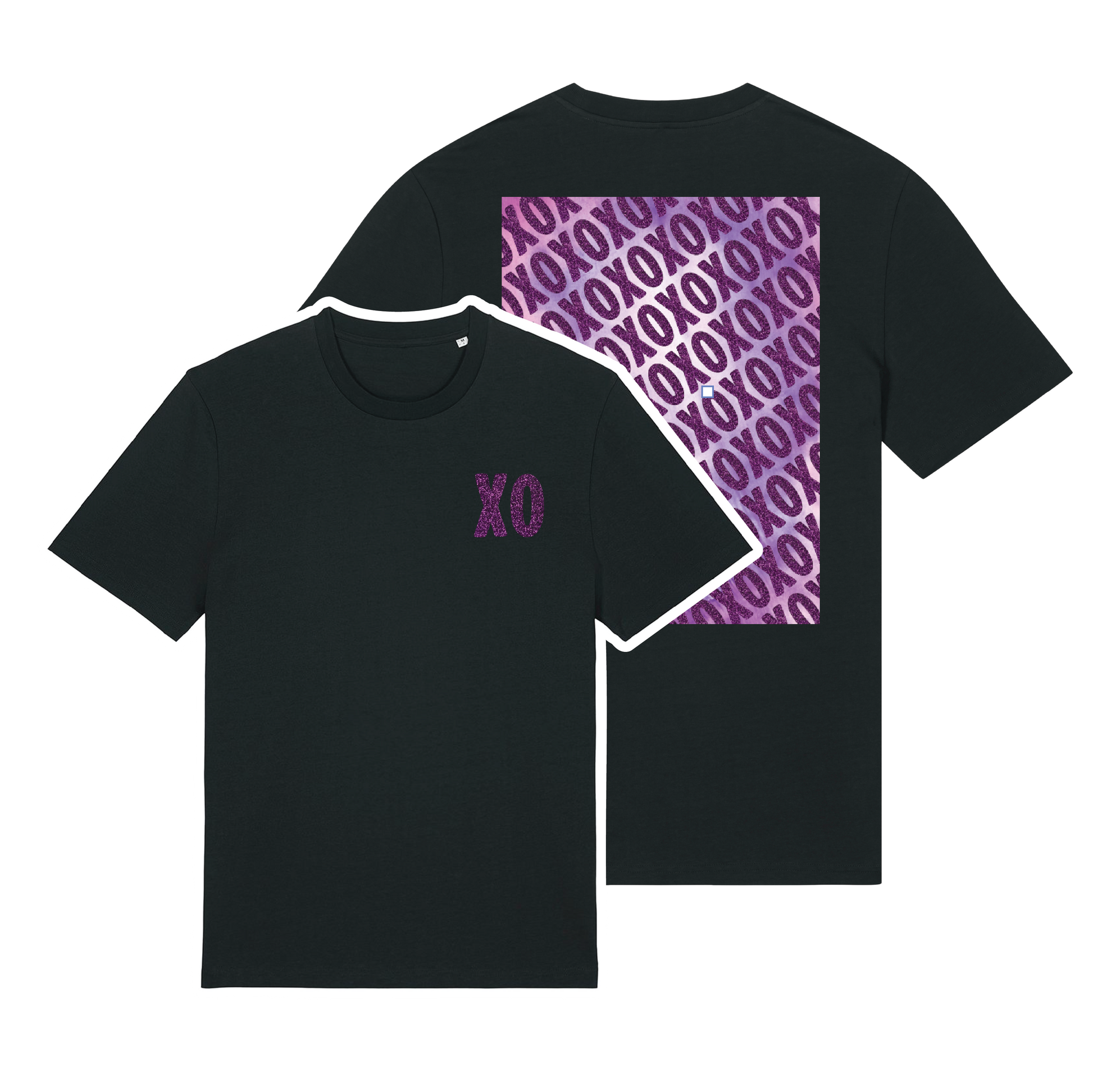 Black t-shirt with sparkly purple XO chest logo and matching geometric back print overlaid over a print, playful glitter finish
