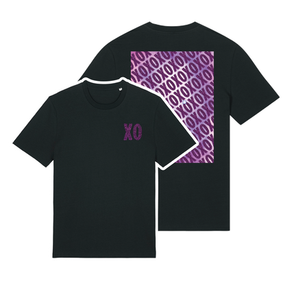 Black t-shirt with sparkly purple XO chest logo and matching geometric back print overlaid over a print, playful glitter finish