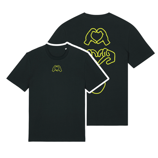 Black t-shirt with neon hand graphics in heart shapes symbolising Millennial identity, soft cotton, gender-neutral design in neon Yellow Puff