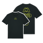 Black t-shirt with neon hand graphics in heart shapes symbolising Millennial identity, soft cotton, gender-neutral design in neon Yellow Puff