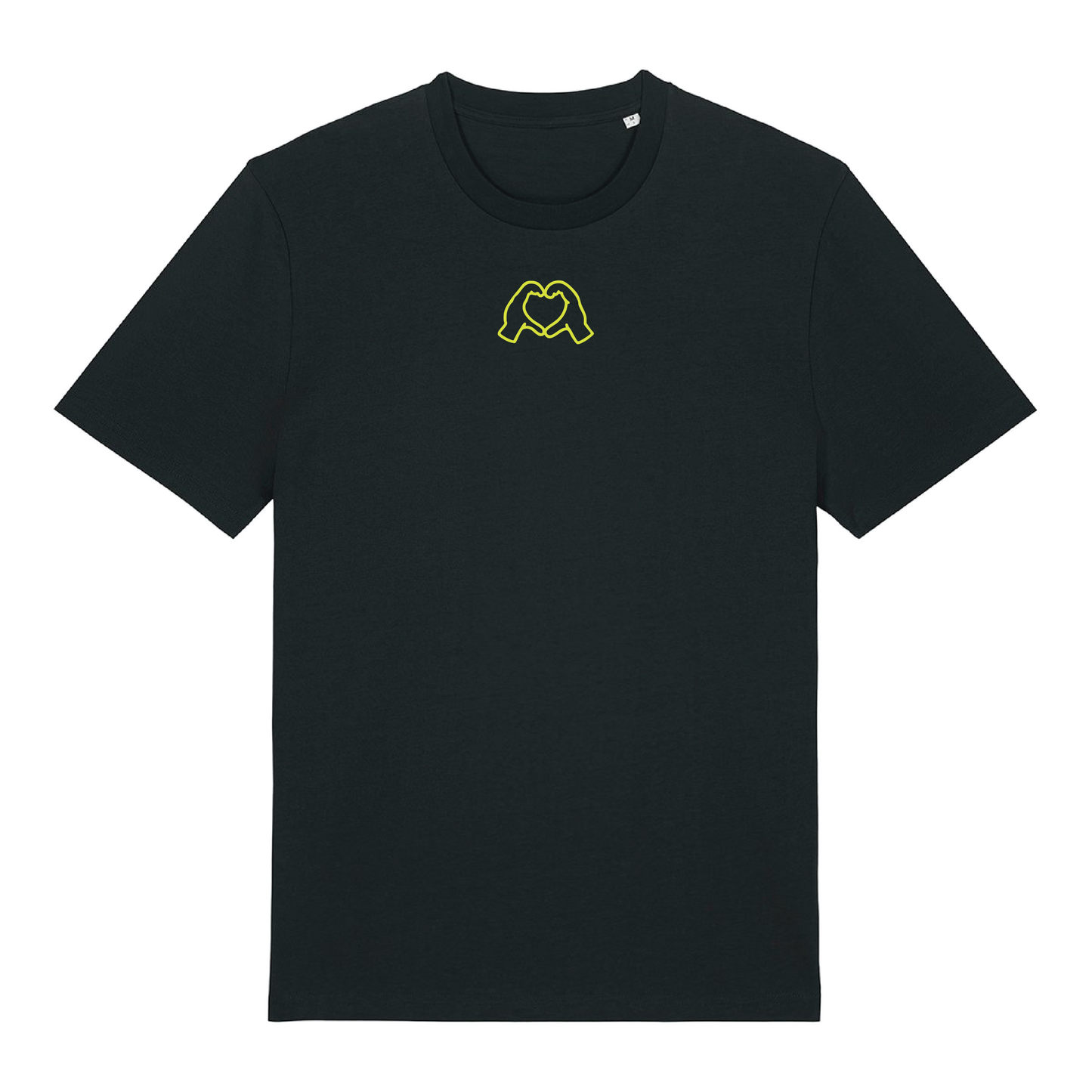 Black t-shirt with neon hand graphics in heart shapes symbolising Millennial identity, soft cotton, gender-neutral design in neon Yellow Puff