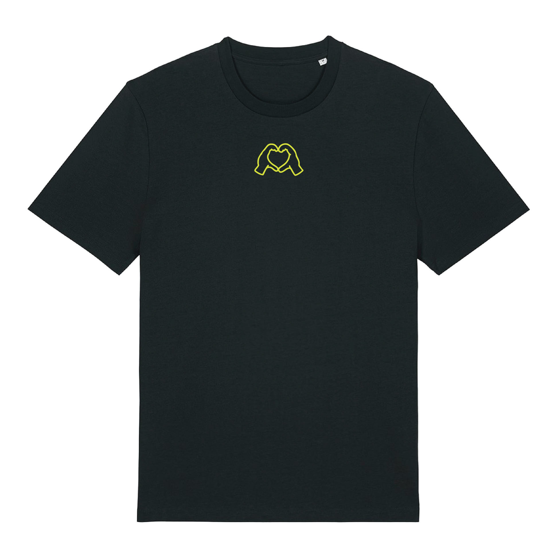 Black t-shirt with neon hand graphics in heart shapes symbolising Millennial identity, soft cotton, gender-neutral design in neon Yellow Puff