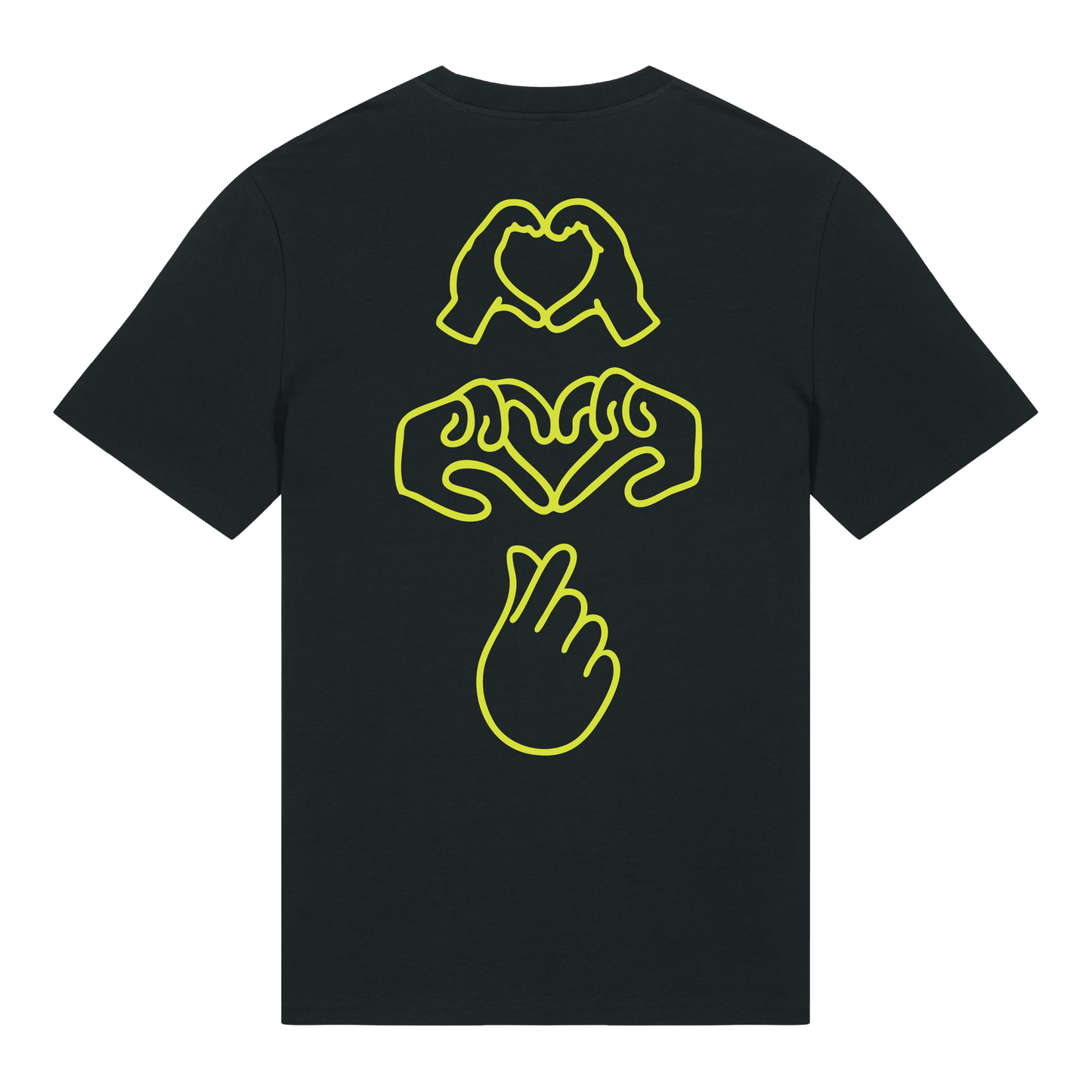 Black t-shirt with neon hand graphics in heart shapes symbolising Millennial identity, soft cotton, gender-neutral design in neon Yellow Puff