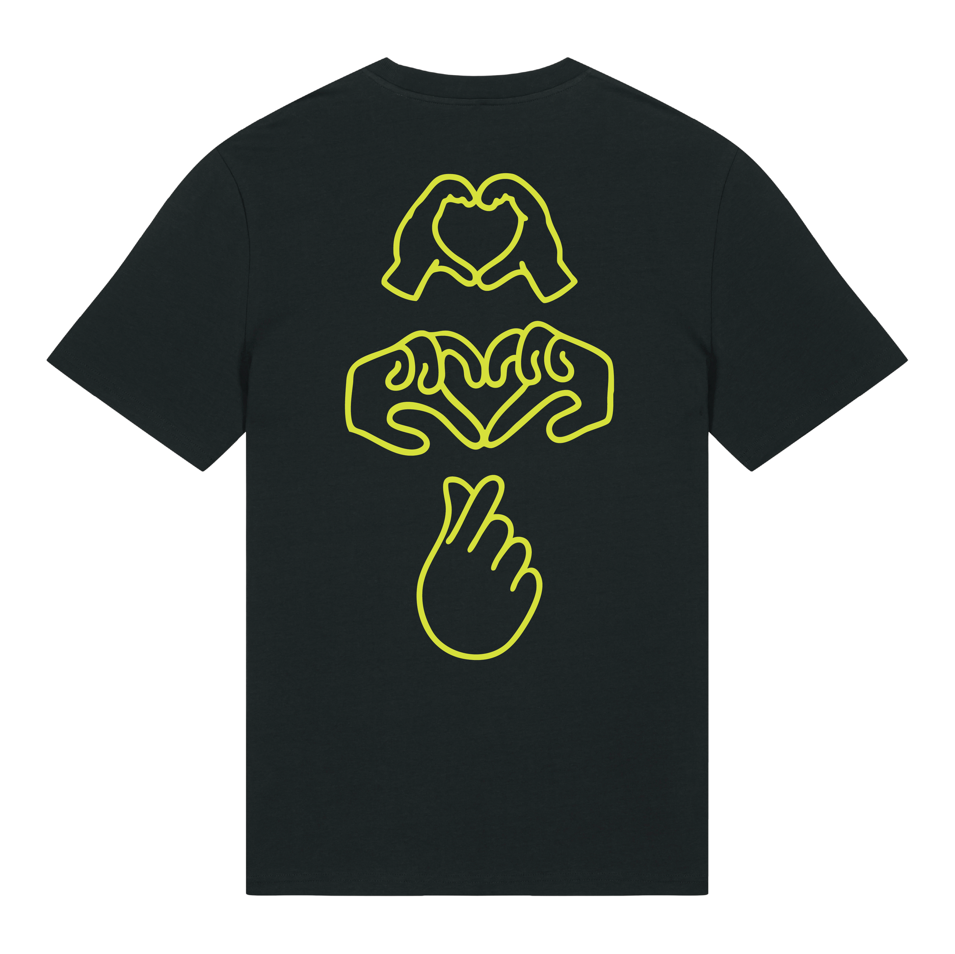 Black t-shirt with neon hand graphics in heart shapes symbolising Millennial identity, soft cotton, gender-neutral design in neon Yellow Puff