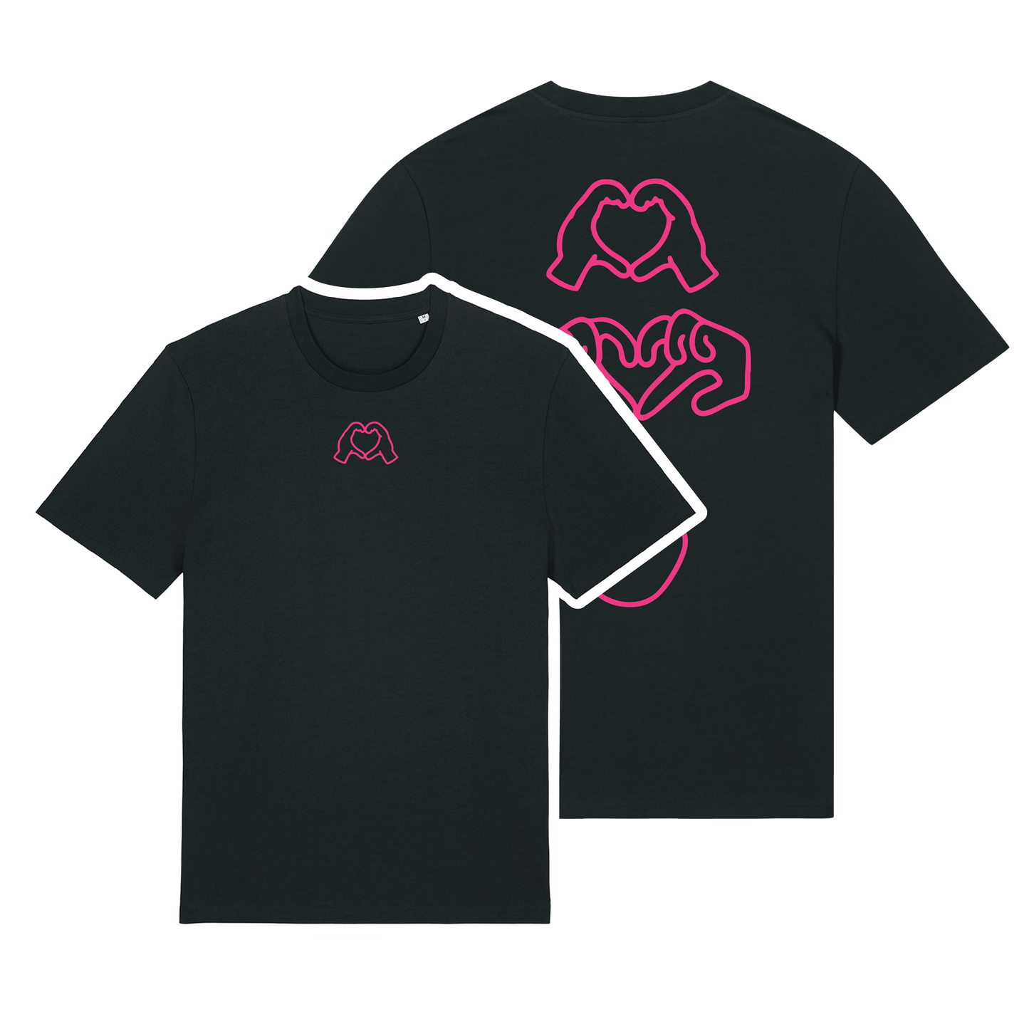 Black t-shirt with neon hand graphics in heart shapes symbolising Millennial identity, soft cotton, gender-neutral design in neon pink Puff