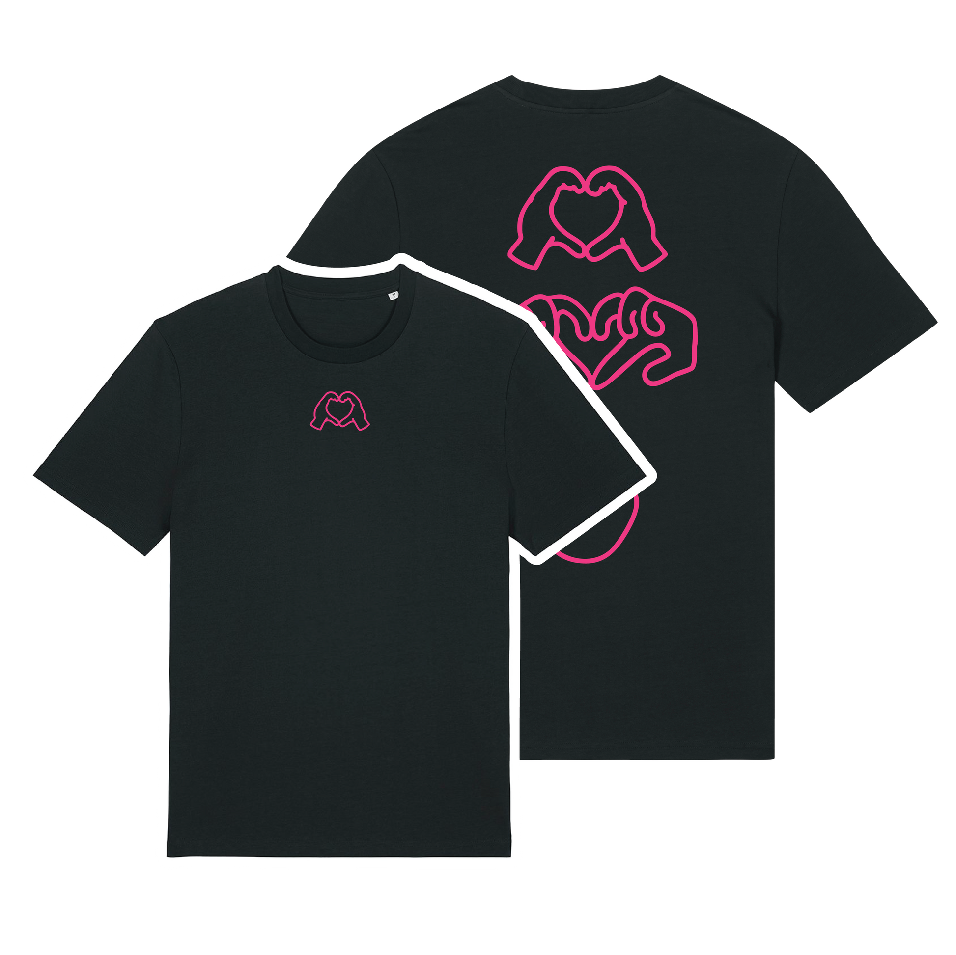 Black t-shirt with neon hand graphics in heart shapes symbolising Millennial identity, soft cotton, gender-neutral design in neon pink Puff