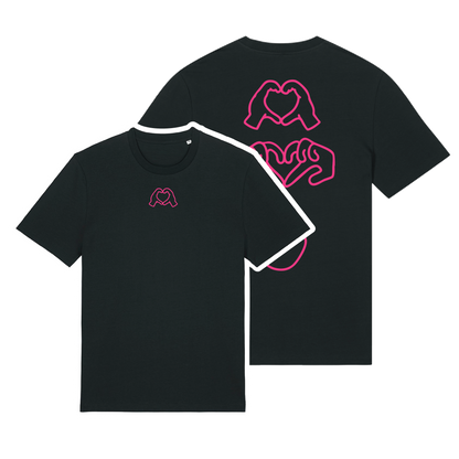 Black t-shirt with neon hand graphics in heart shapes symbolising Millennial identity, soft cotton, gender-neutral design in neon pink Puff