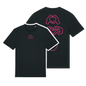 Black t-shirt with neon hand graphics in heart shapes symbolising Millennial identity, soft cotton, gender-neutral design in neon pink Puff