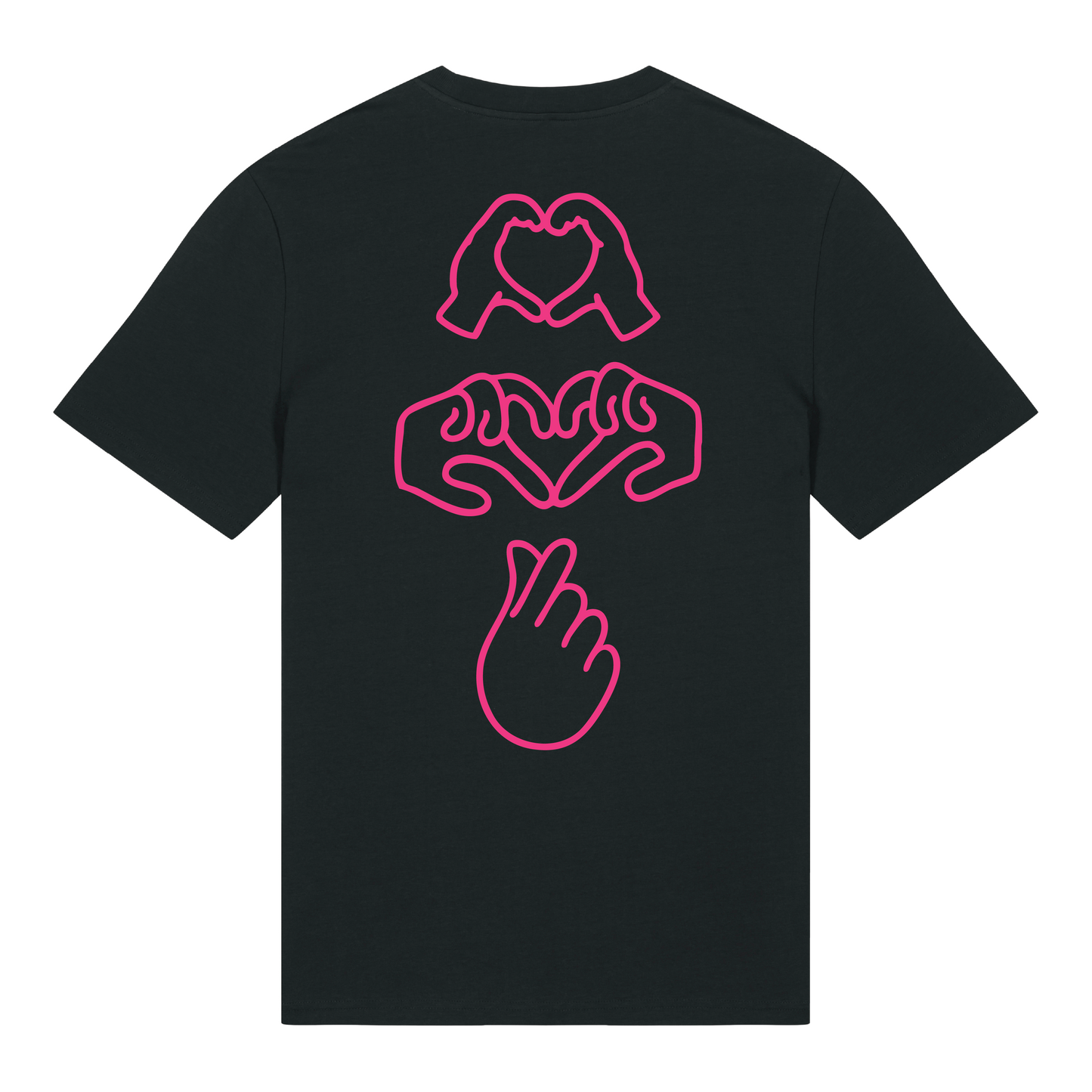 Black t-shirt with neon hand graphics in heart shapes symbolising Millennial identity, soft cotton, gender-neutral design in neon pink Puff
