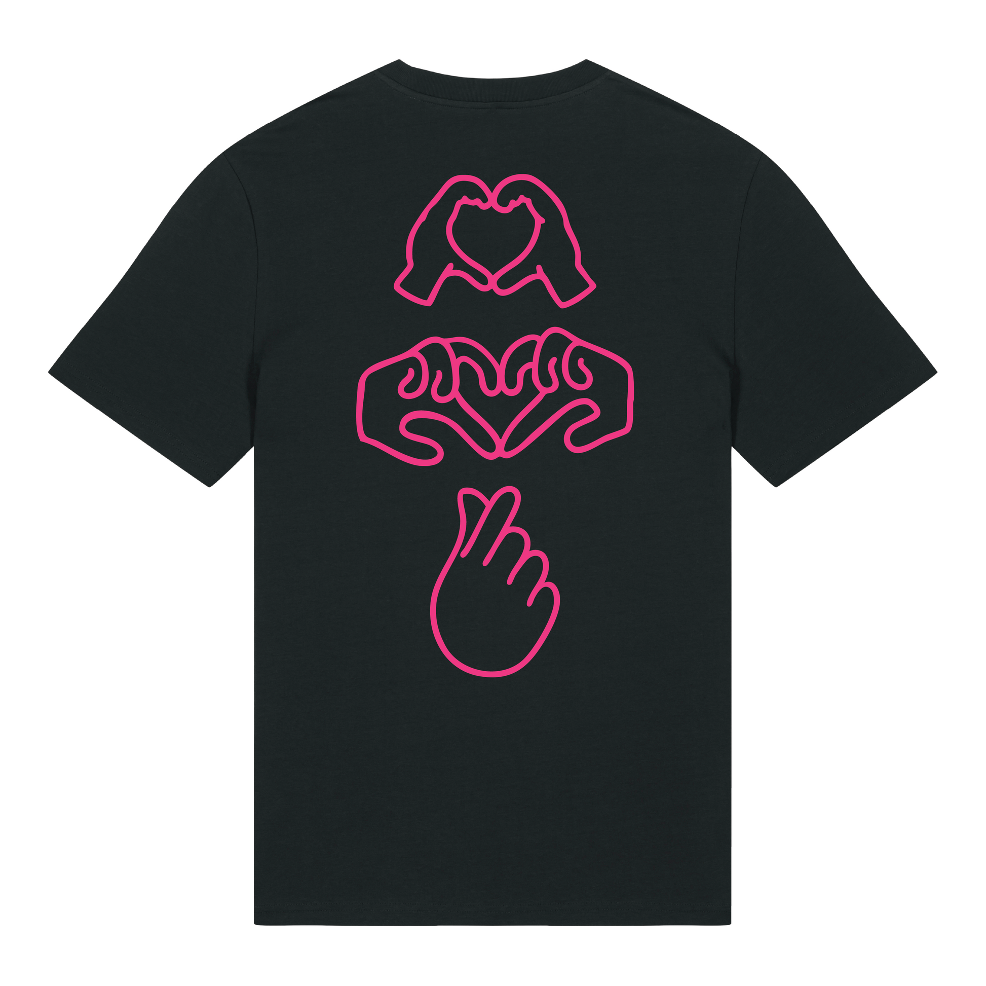 Black t-shirt with neon hand graphics in heart shapes symbolising Millennial identity, soft cotton, gender-neutral design in neon pink Puff