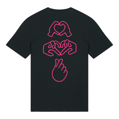 Black t-shirt with neon hand graphics in heart shapes symbolising Millennial identity, soft cotton, gender-neutral design in neon pink Puff