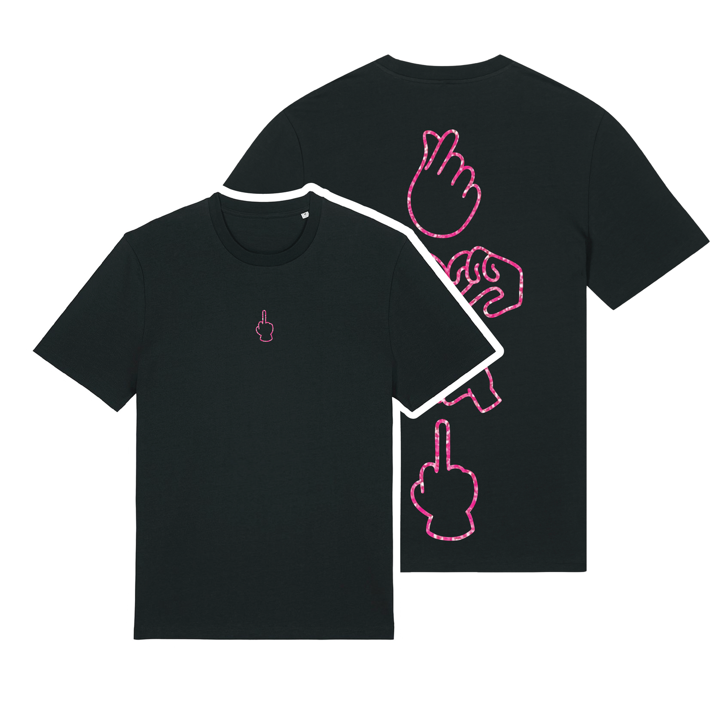 Black unisex t-shirt featuring neon line-art middle finger graphic, short sleeve, part of the Generational Love series, pink glitter puff print