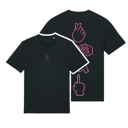 Black unisex t-shirt featuring neon line-art middle finger graphic, short sleeve, part of the Generational Love series, pink glitter puff print