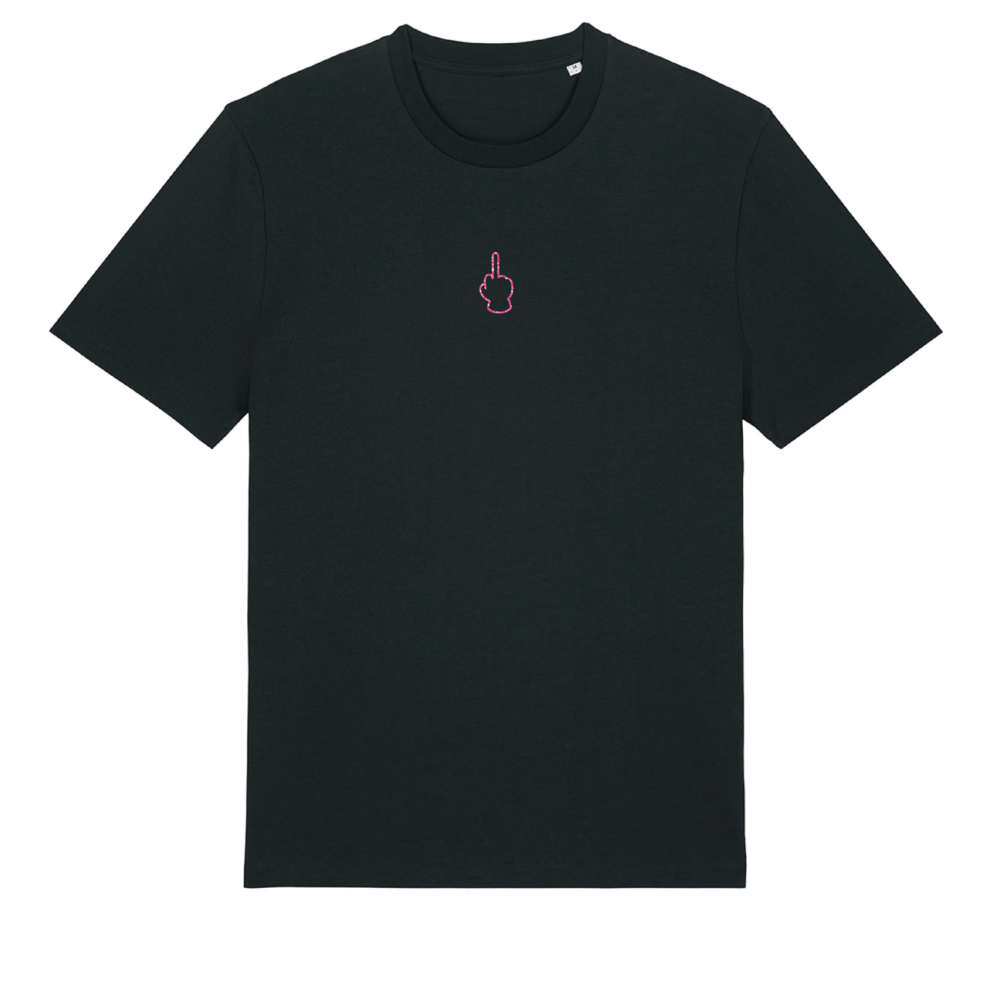 Black unisex t-shirt featuring neon line-art middle finger graphic, short sleeve, part of the Generational Love series, pink glitter puff print