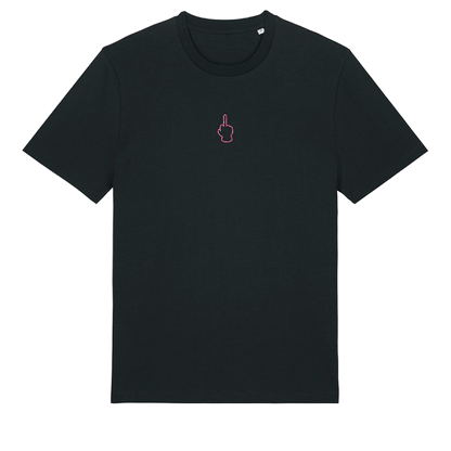 Black unisex t-shirt featuring neon line-art middle finger graphic, short sleeve, part of the Generational Love series, pink glitter puff print