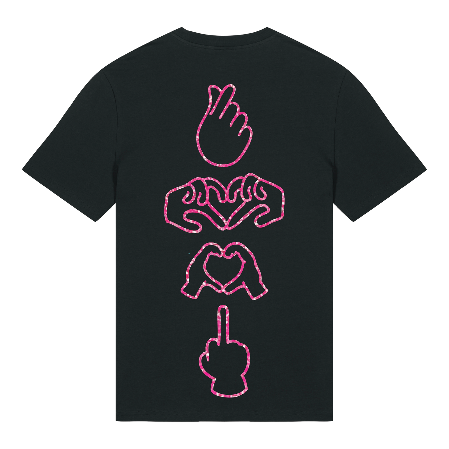 Black unisex t-shirt featuring neon line-art middle finger graphic, short sleeve, part of the Generational Love series, pink glitter puff print