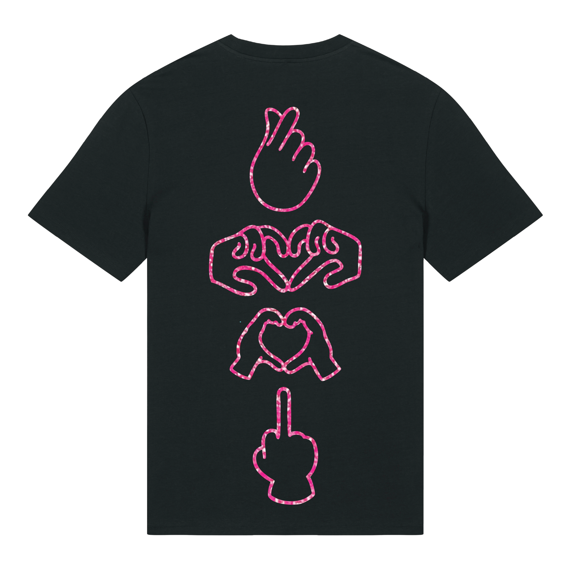 Black unisex t-shirt featuring neon line-art middle finger graphic, short sleeve, part of the Generational Love series, pink glitter puff print