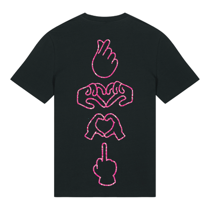 Black unisex t-shirt featuring neon line-art middle finger graphic, short sleeve, part of the Generational Love series, pink glitter puff print