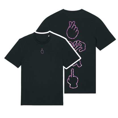 Black unisex t-shirt featuring neon line-art middle finger graphic, short sleeve, part of the Generational Love series, purple glitter puff print