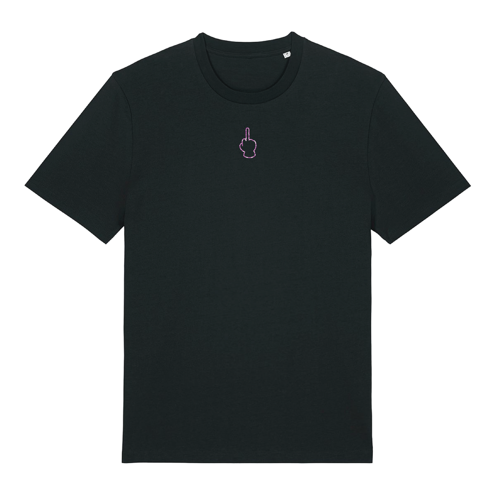 Black unisex t-shirt featuring neon line-art middle finger graphic, short sleeve, part of the Generational Love series, purple glitter puff print