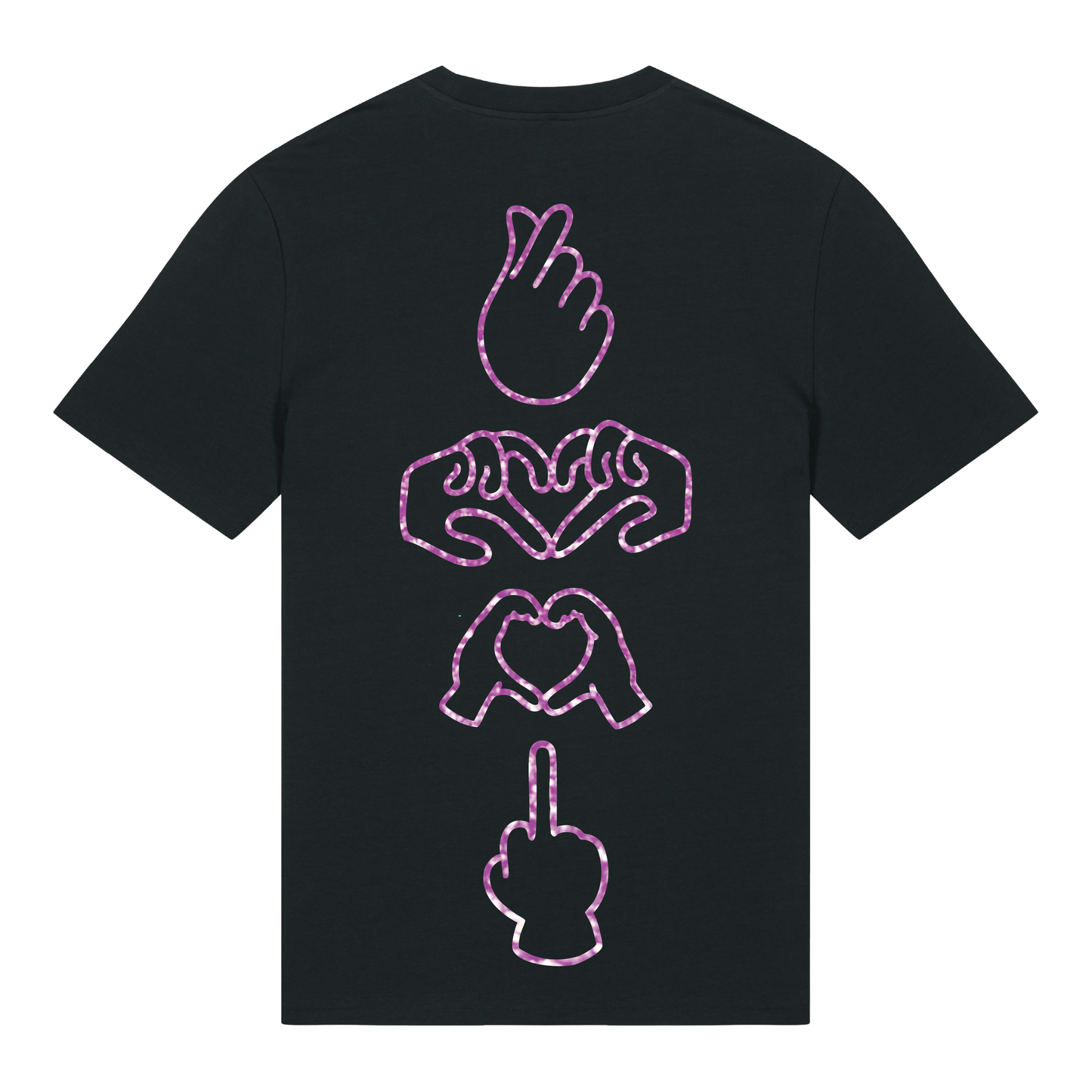 Black unisex t-shirt featuring neon line-art middle finger graphic, short sleeve, part of the Generational Love series, purple glitter puff print