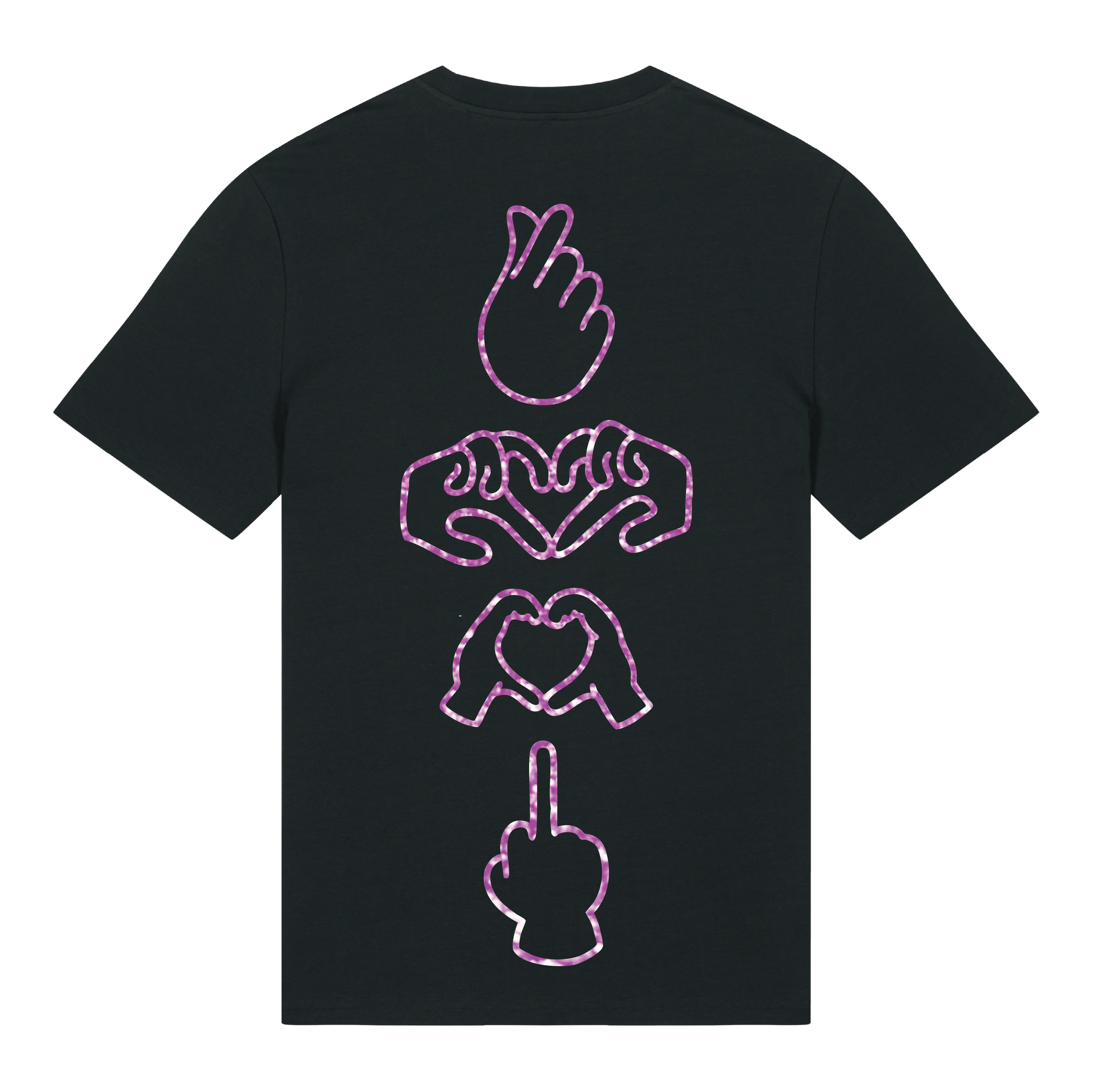 Black unisex t-shirt featuring neon line-art middle finger graphic, short sleeve, part of the Generational Love series, purple glitter puff print