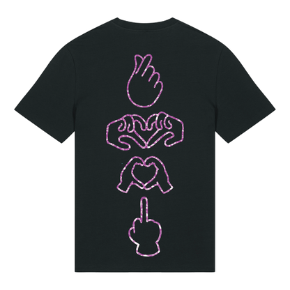 Black unisex t-shirt featuring neon line-art middle finger graphic, short sleeve, part of the Generational Love series, purple glitter puff print