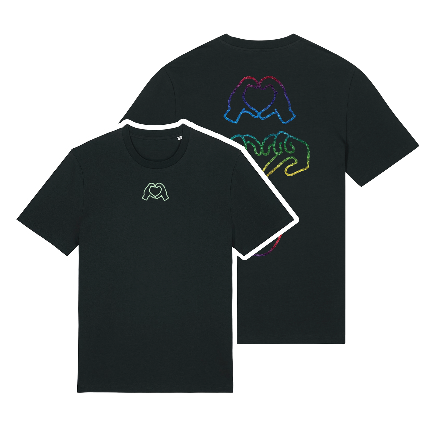 Black t-shirt with neon hand graphics in heart shapes symbolising Millennial identity, soft cotton, gender-neutral design with glow in the dark embroidery front & rainbow foil on back