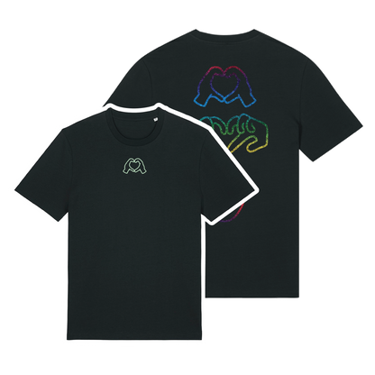 Black t-shirt with neon hand graphics in heart shapes symbolising Millennial identity, soft cotton, gender-neutral design with glow in the dark embroidery front & rainbow foil on back