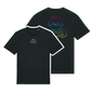 Black t-shirt with neon hand graphics in heart shapes symbolising Millennial identity, soft cotton, gender-neutral design with glow in the dark embroidery front & rainbow foil on back