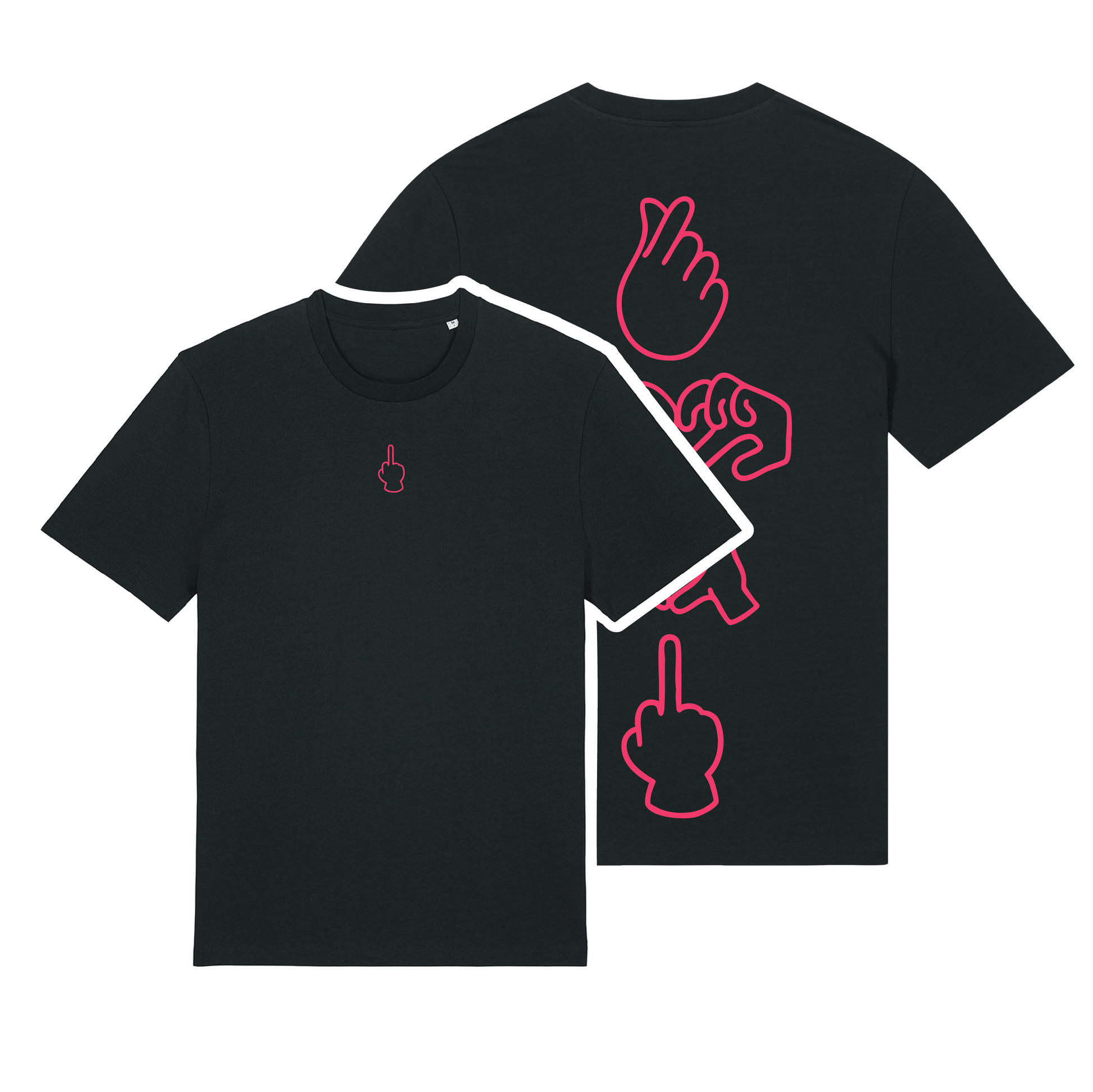 Black unisex t-shirt featuring neon line-art middle finger graphic, short sleeve, part of the Generational Love series, Neon Red puff print