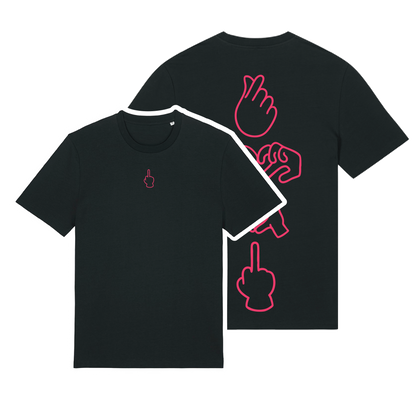 Black unisex t-shirt featuring neon line-art middle finger graphic, short sleeve, part of the Generational Love series, Neon Red puff print