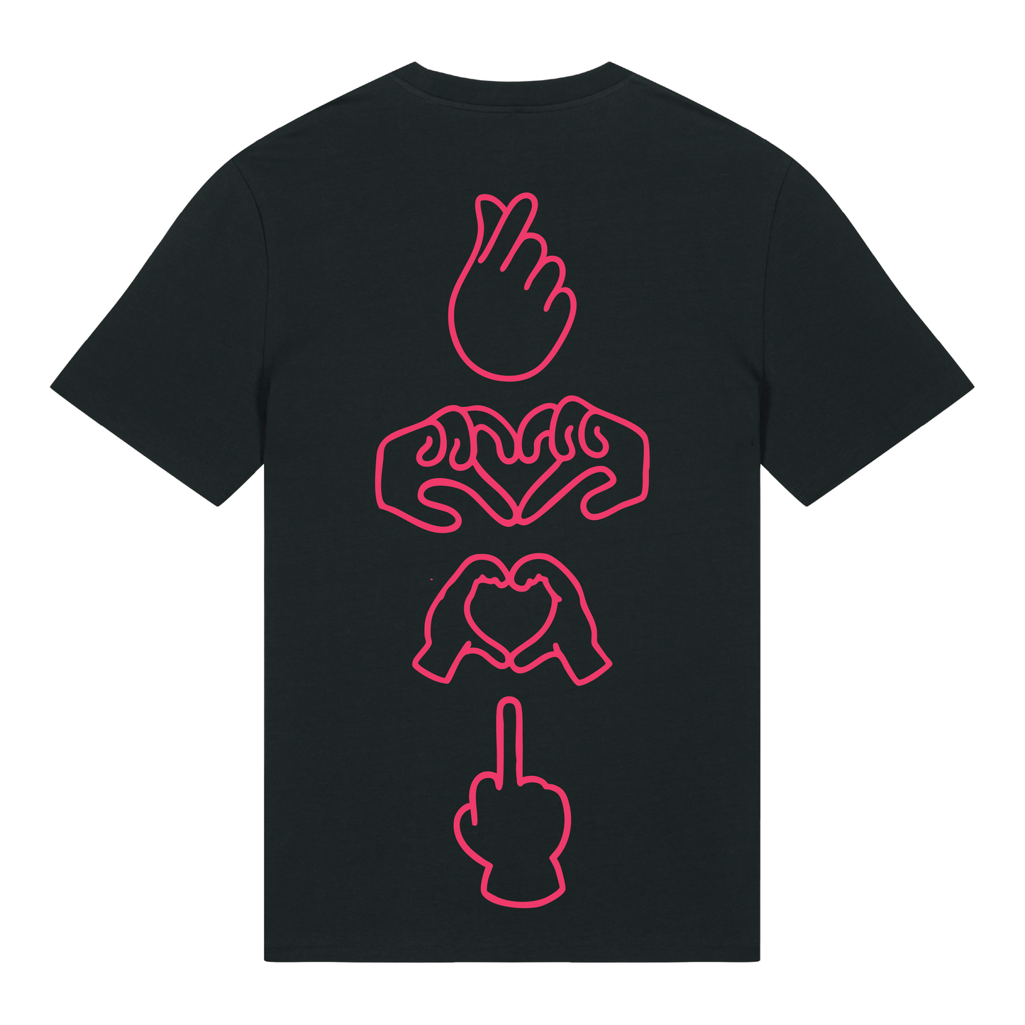 Black unisex t-shirt featuring neon line-art middle finger graphic, short sleeve, part of the Generational Love series, Neon Red puff print