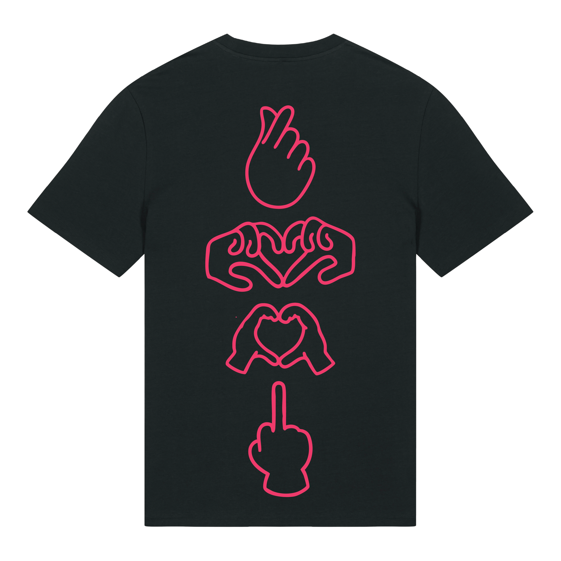 Black unisex t-shirt featuring neon line-art middle finger graphic, short sleeve, part of the Generational Love series, Neon Red puff print